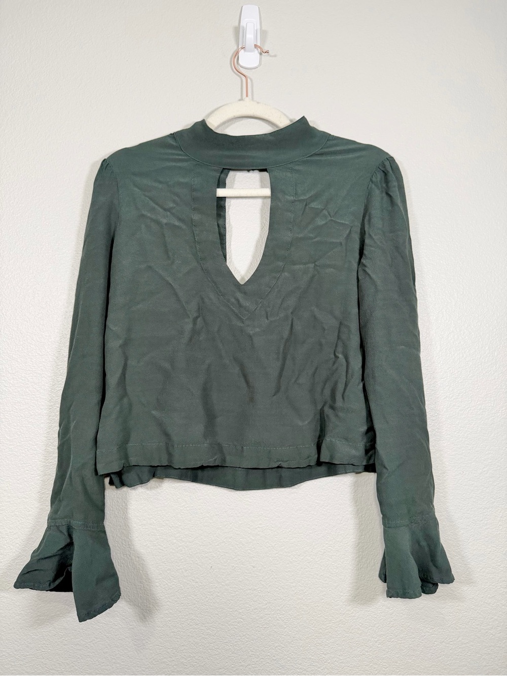 Free People Shirt Dark Green Keyhole Long-Sleeve Chock Blouse Open Back Women M